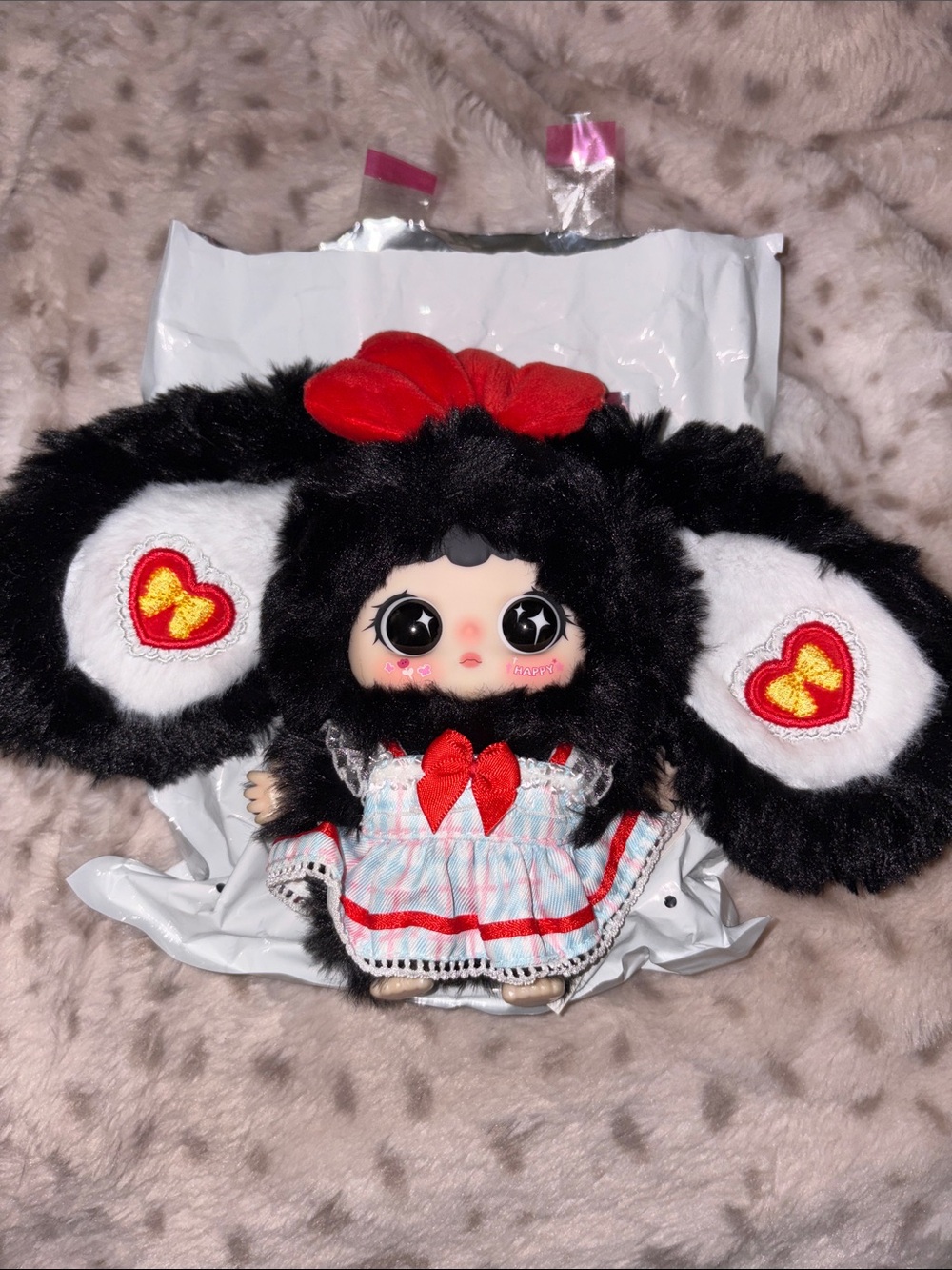 Black Plush Bunny Doll with Red Accents and Heart-Ear Details